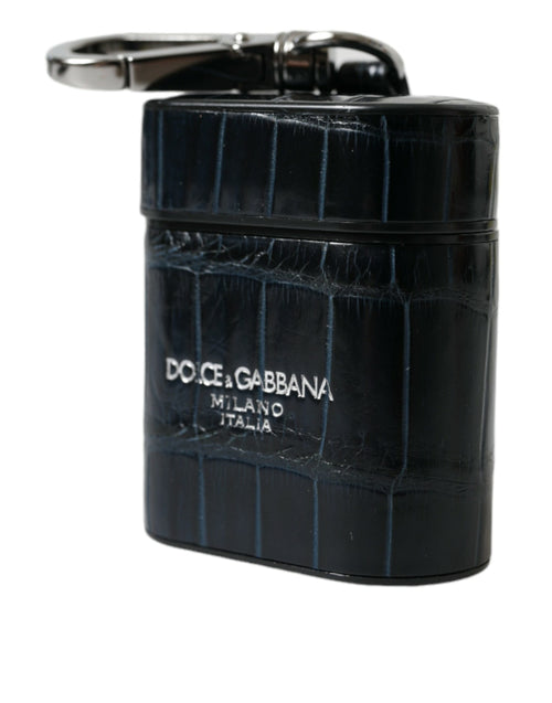 Dolce & Gabbana Black Crocodile Leather Silver Metal Logo Airpods Case - ClickThatClicks 