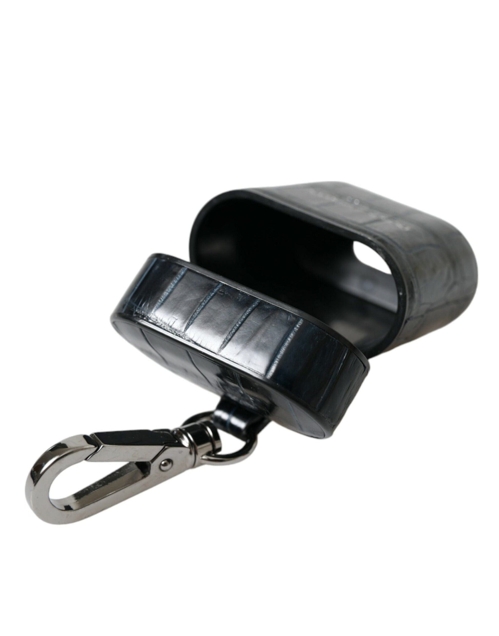Dolce & Gabbana Black Crocodile Leather Silver Metal Logo Airpods Case - ClickThatClicks 