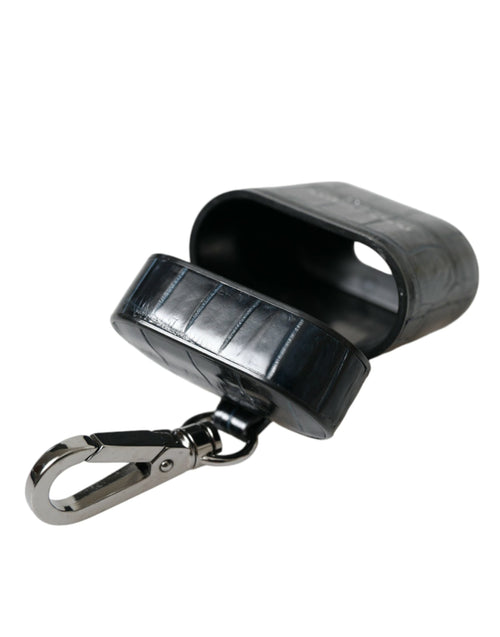 Dolce & Gabbana Black Crocodile Leather Silver Metal Logo Airpods Case - ClickThatClicks 