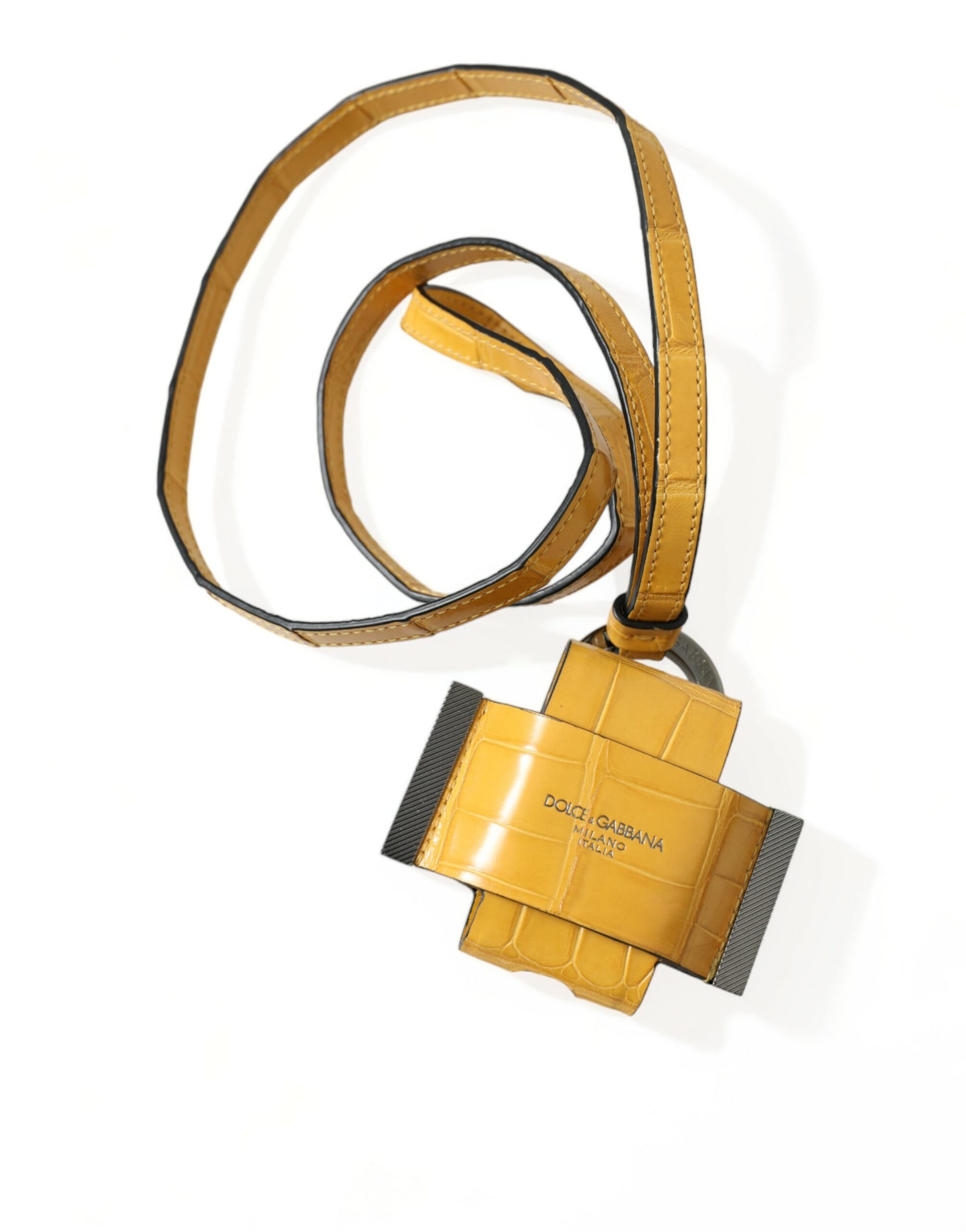 Dolce & Gabbana Yellow Crocodile Leather Logo Print Lanyard Keychain - ClickThatClicks 
