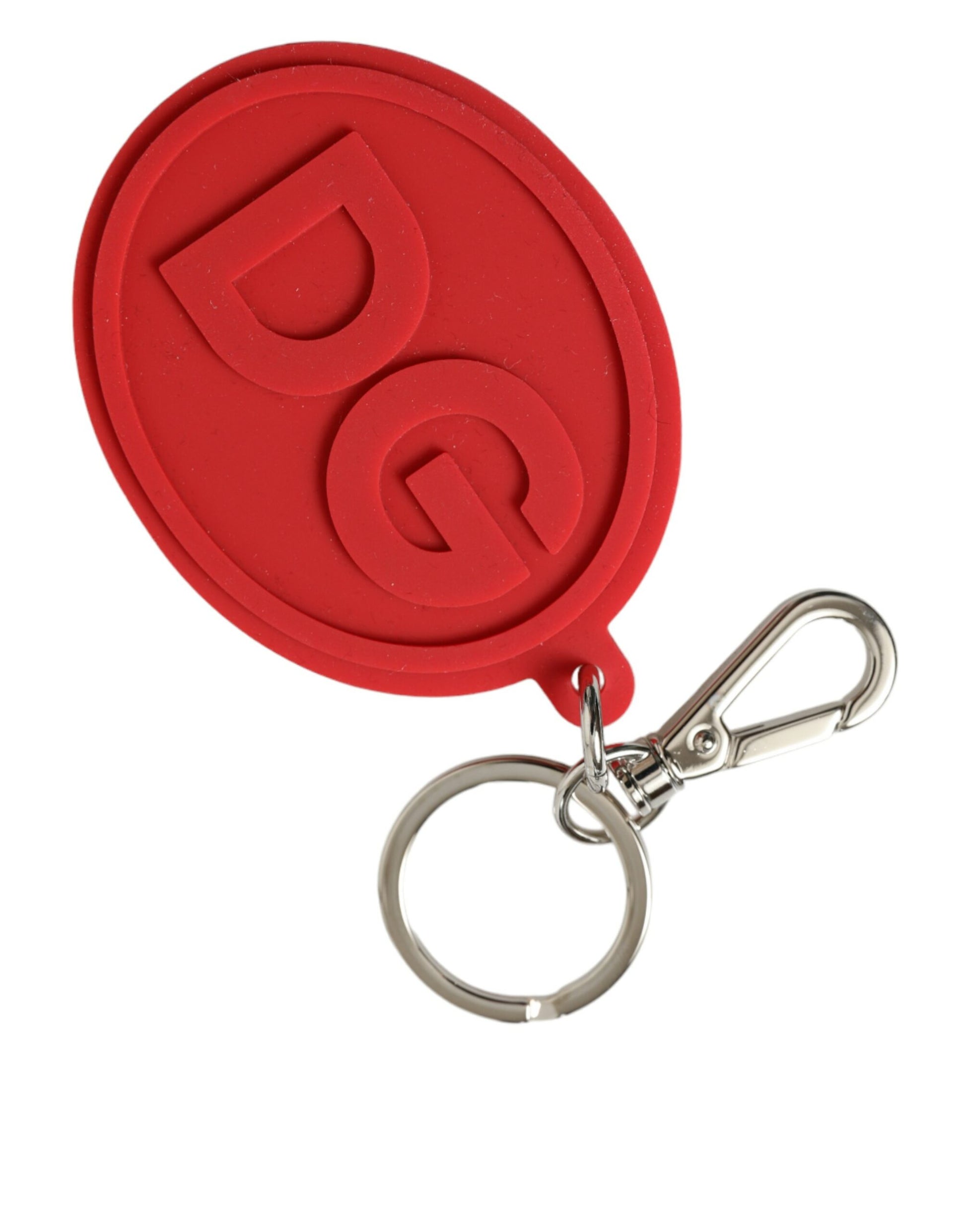 Dolce & Gabbana Red Rubber DG Logo Silver Brass Metal Keyring Keychain - ClickThatClicks 