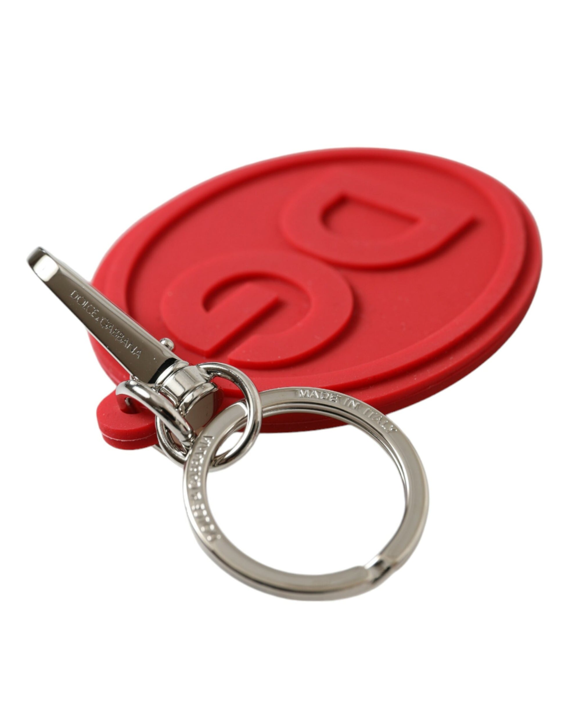 Dolce & Gabbana Red Rubber DG Logo Silver Brass Metal Keyring Keychain - ClickThatClicks 