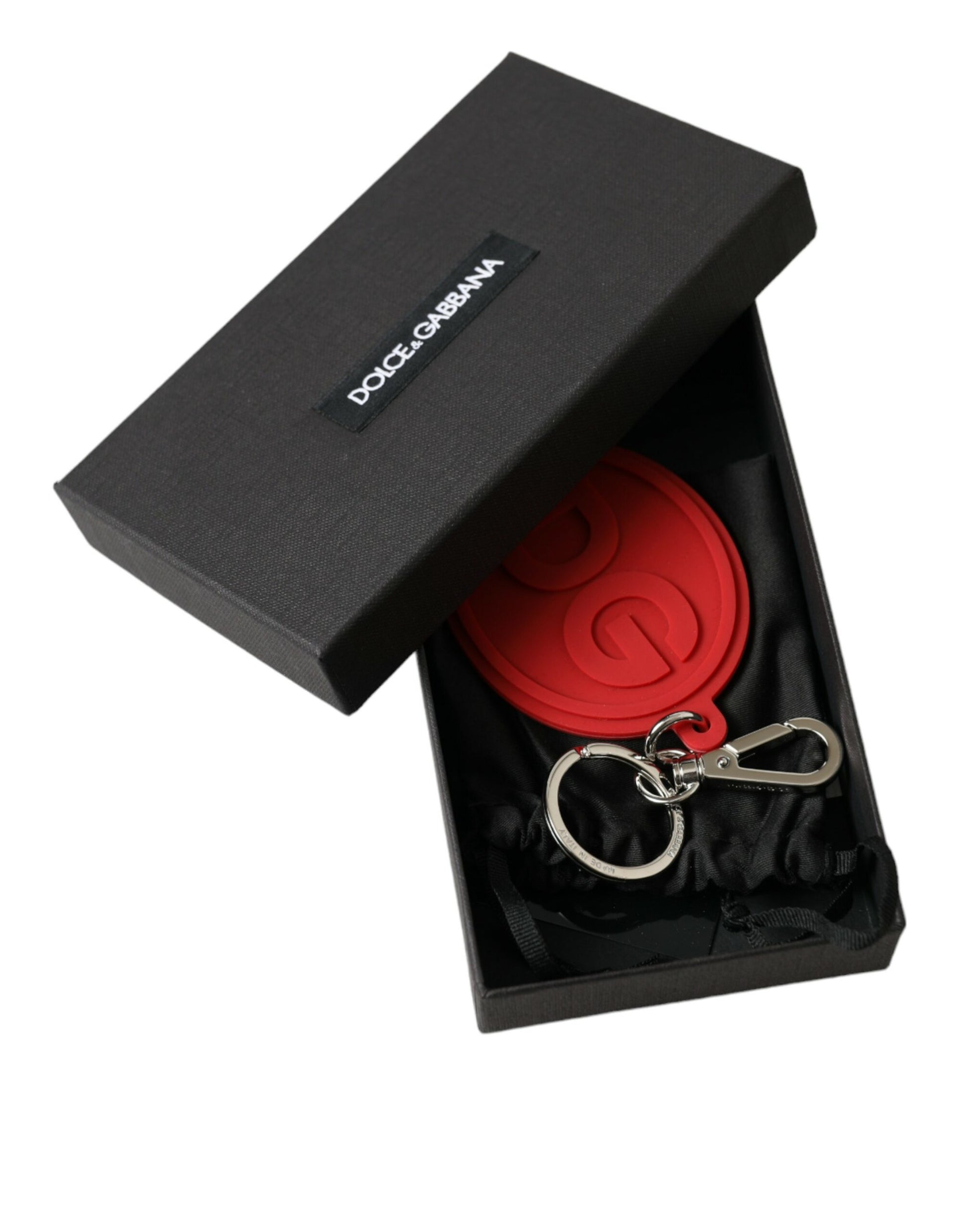 Dolce & Gabbana Red Rubber DG Logo Silver Brass Metal Keyring Keychain - ClickThatClicks 