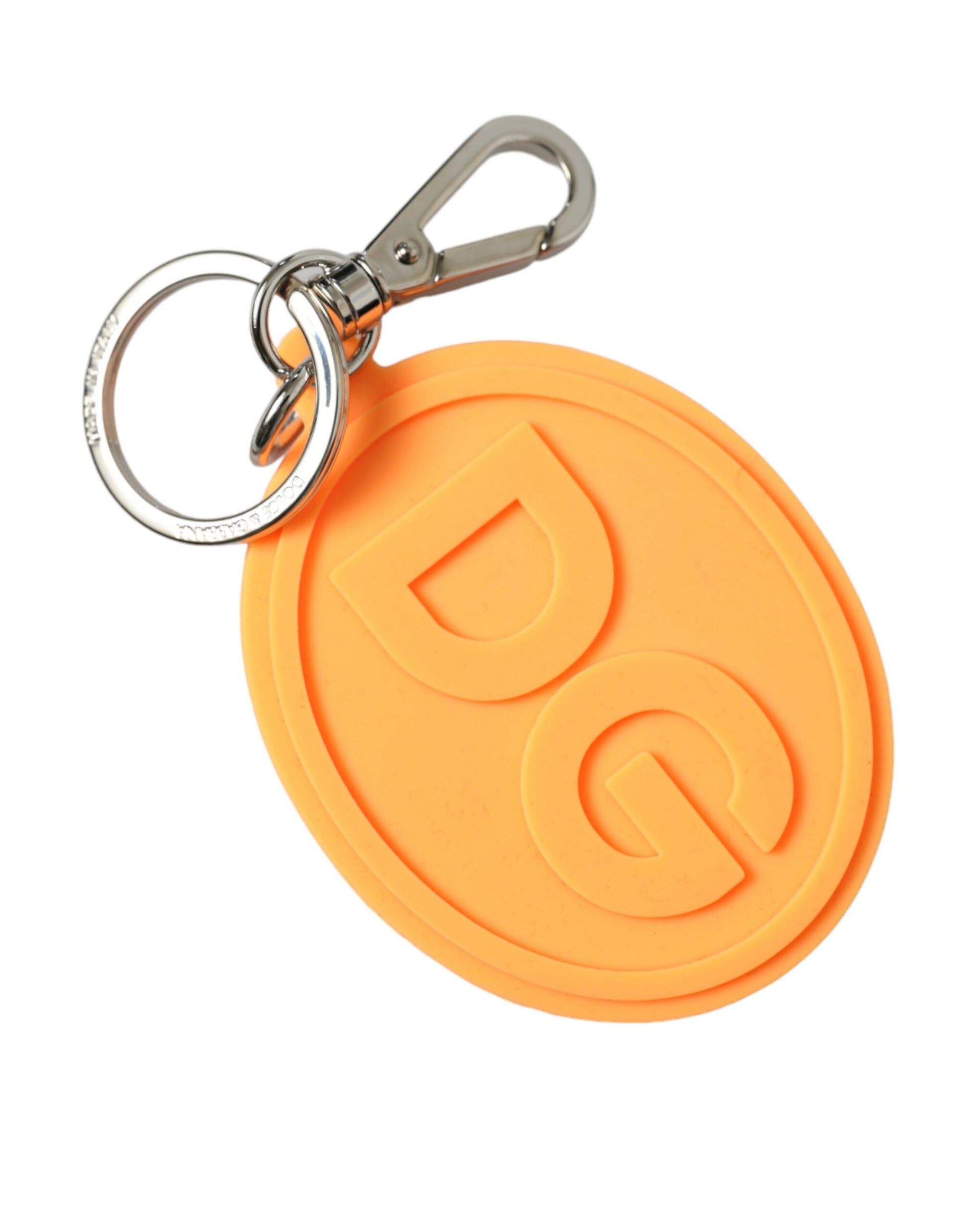 Dolce & Gabbana Orange Rubber DG Logo Silver Brass Metal Keyring Keychain - ClickThatClicks 