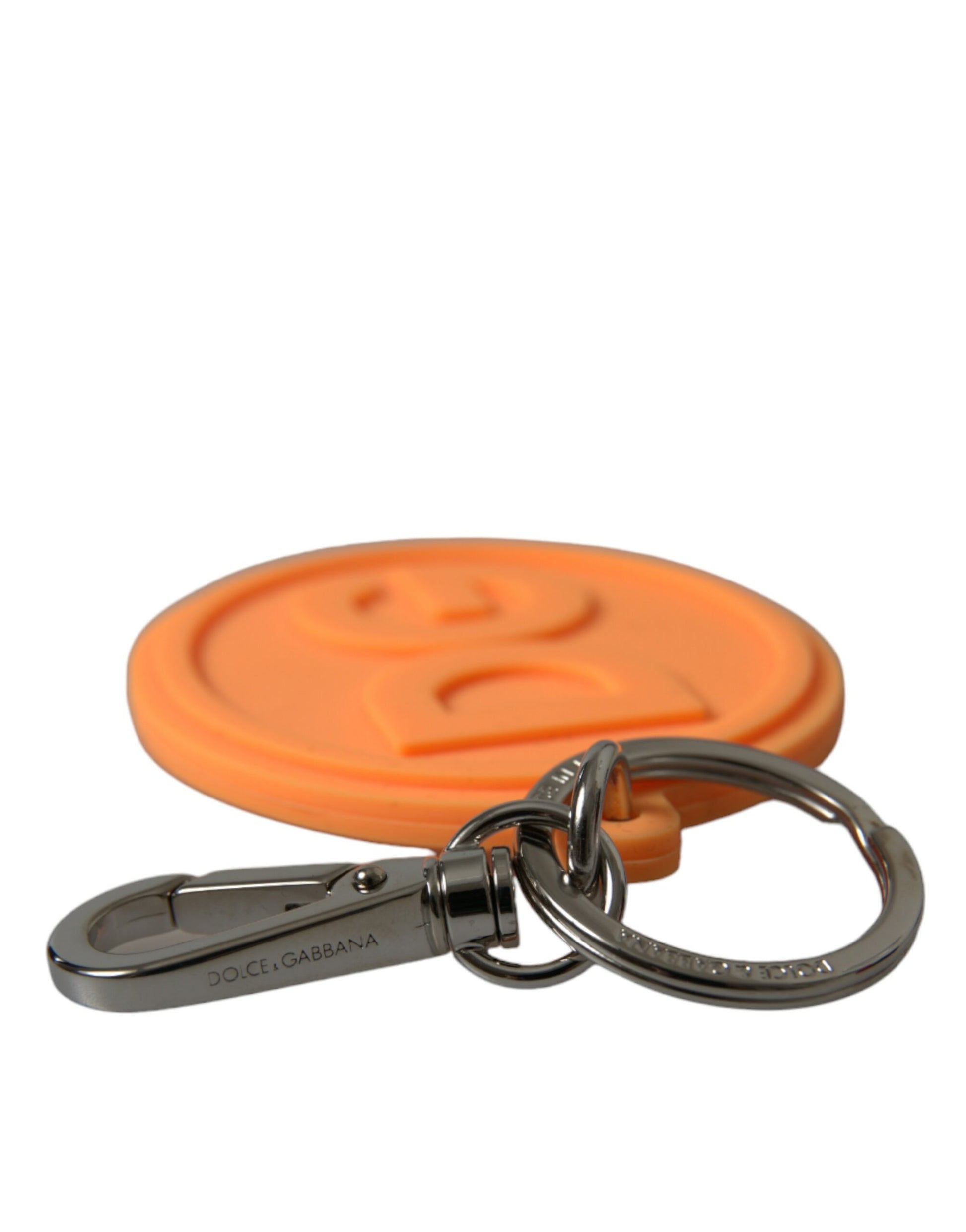 Dolce & Gabbana Orange Rubber DG Logo Silver Brass Metal Keyring Keychain - ClickThatClicks 