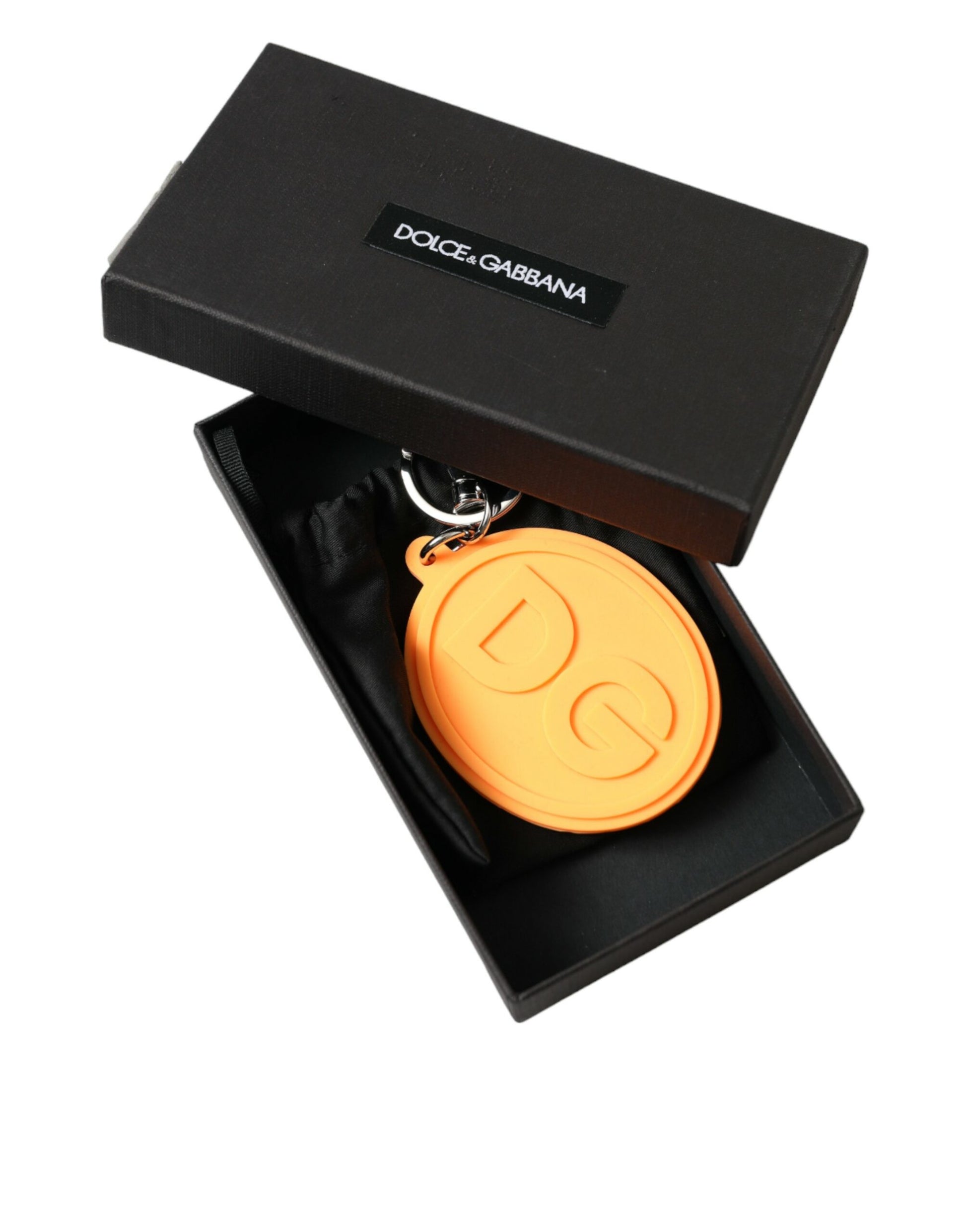 Dolce & Gabbana Orange Rubber DG Logo Silver Brass Metal Keyring Keychain - ClickThatClicks 