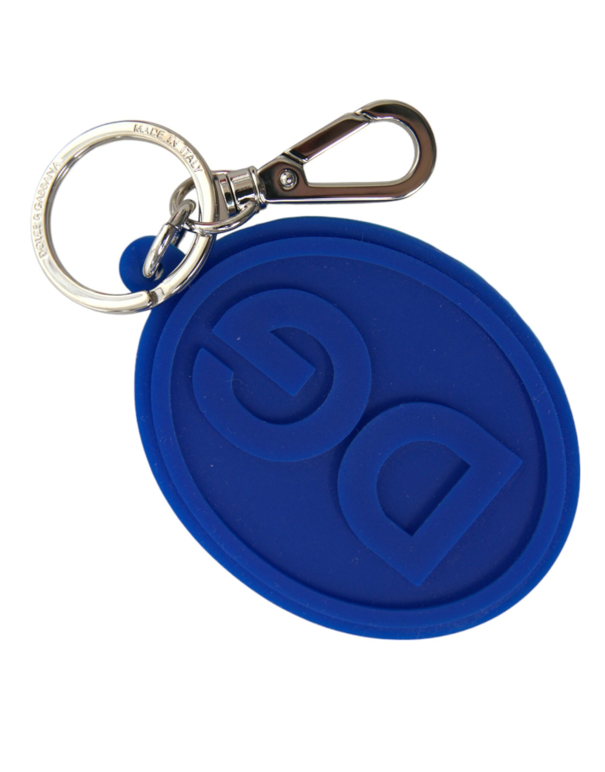 Dolce & Gabbana Blue Rubber DG Logo Silver Brass Metal Keyring Keychain - ClickThatClicks 
