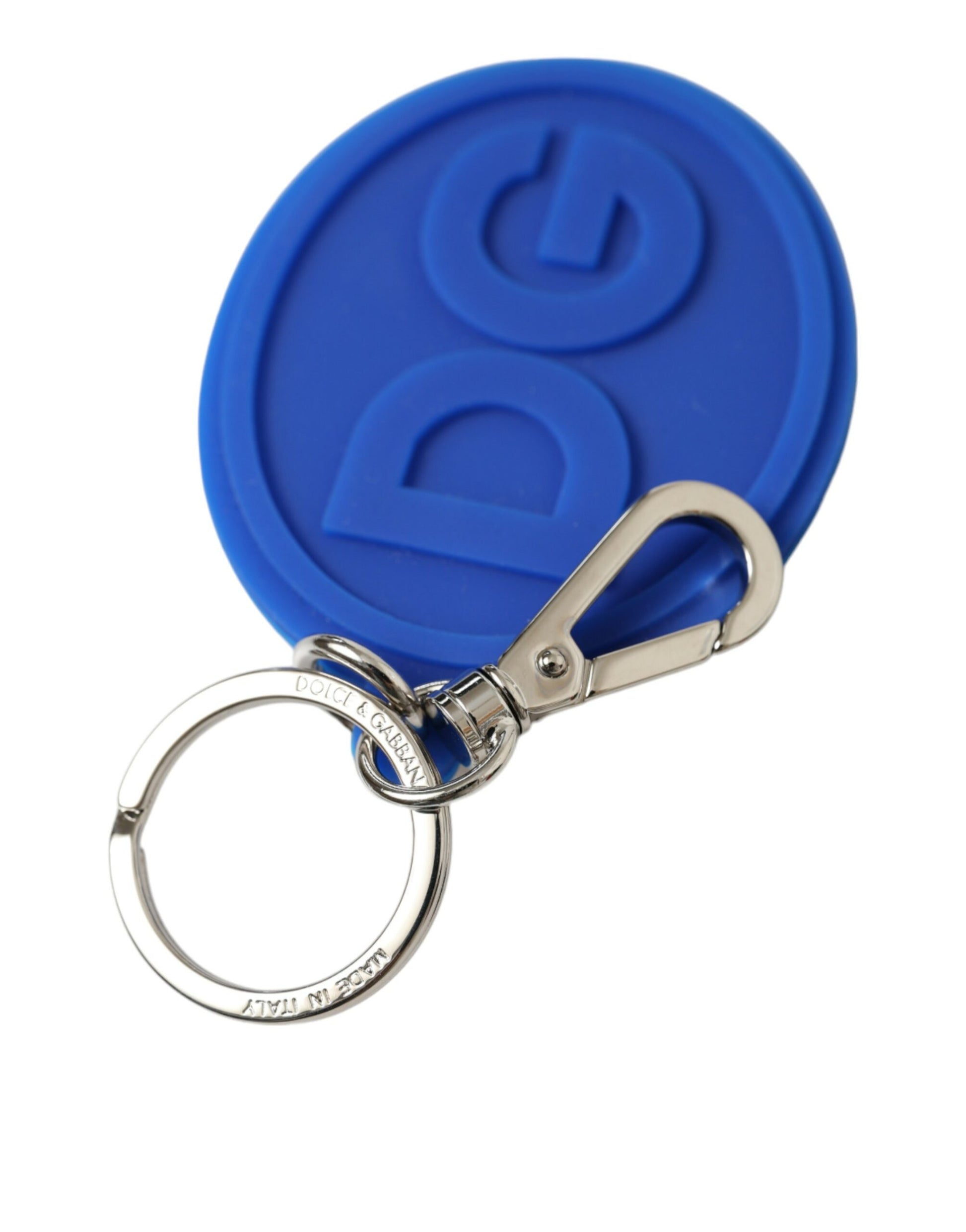 Dolce & Gabbana Blue Rubber DG Logo Silver Brass Metal Keyring Keychain - ClickThatClicks 