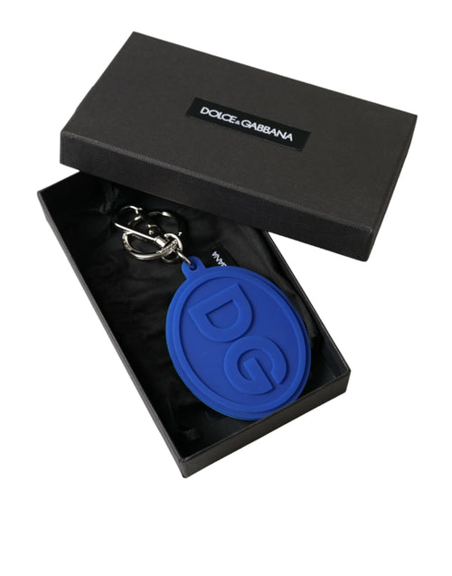 Dolce & Gabbana Blue Rubber DG Logo Silver Brass Metal Keyring Keychain - ClickThatClicks 