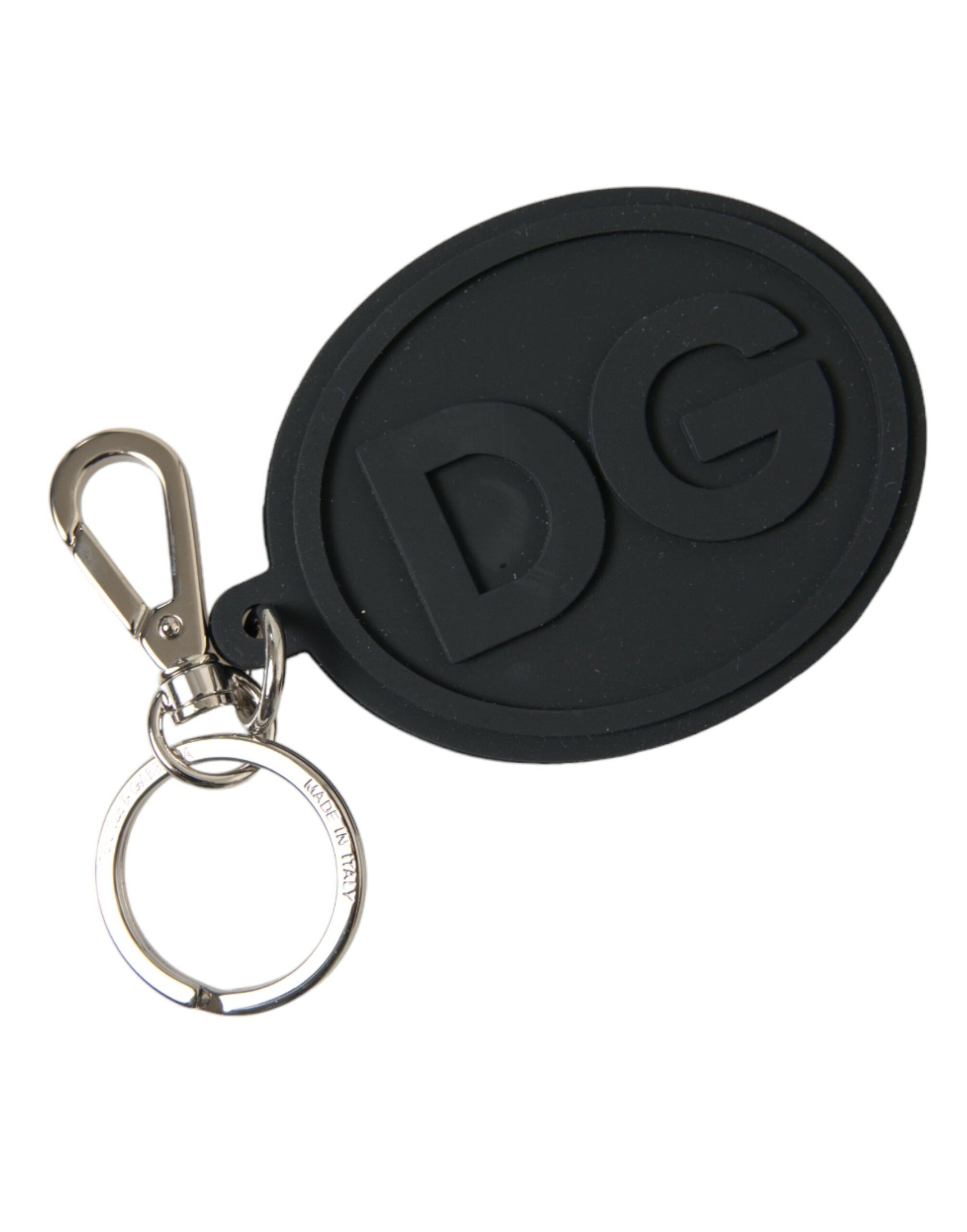 Dolce & Gabbana Black Rubber DG Logo Silver Brass Metal Keyring Keychain - ClickThatClicks 