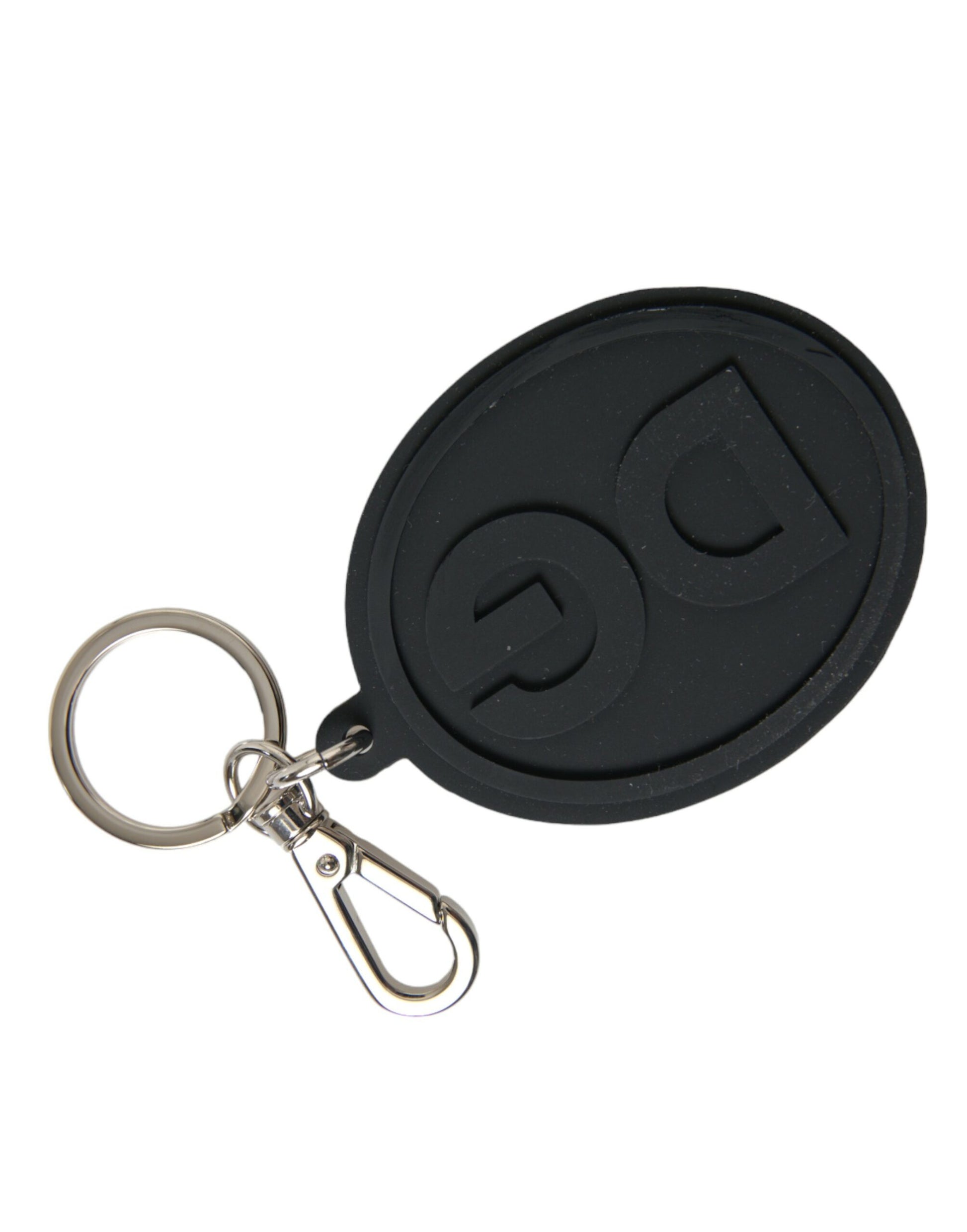 Dolce & Gabbana Black Rubber DG Logo Silver Brass Metal Keyring Keychain - ClickThatClicks 