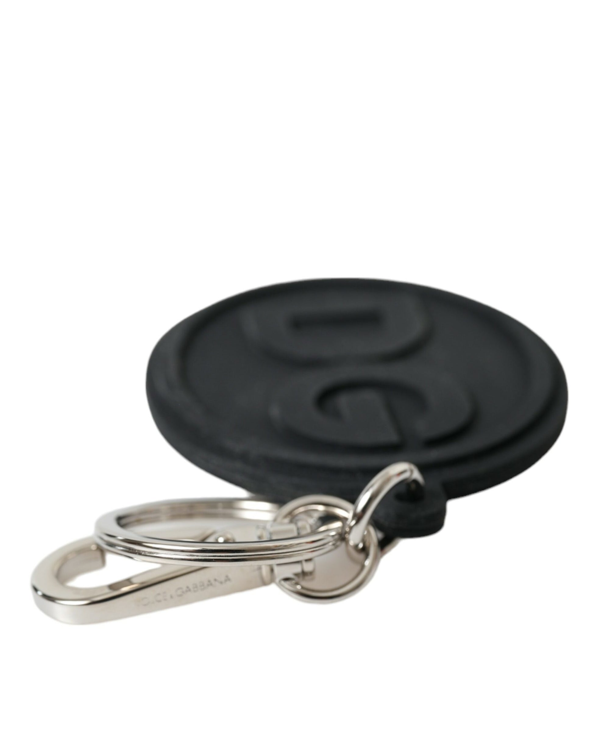 Dolce & Gabbana Black Rubber DG Logo Silver Brass Metal Keyring Keychain - ClickThatClicks 