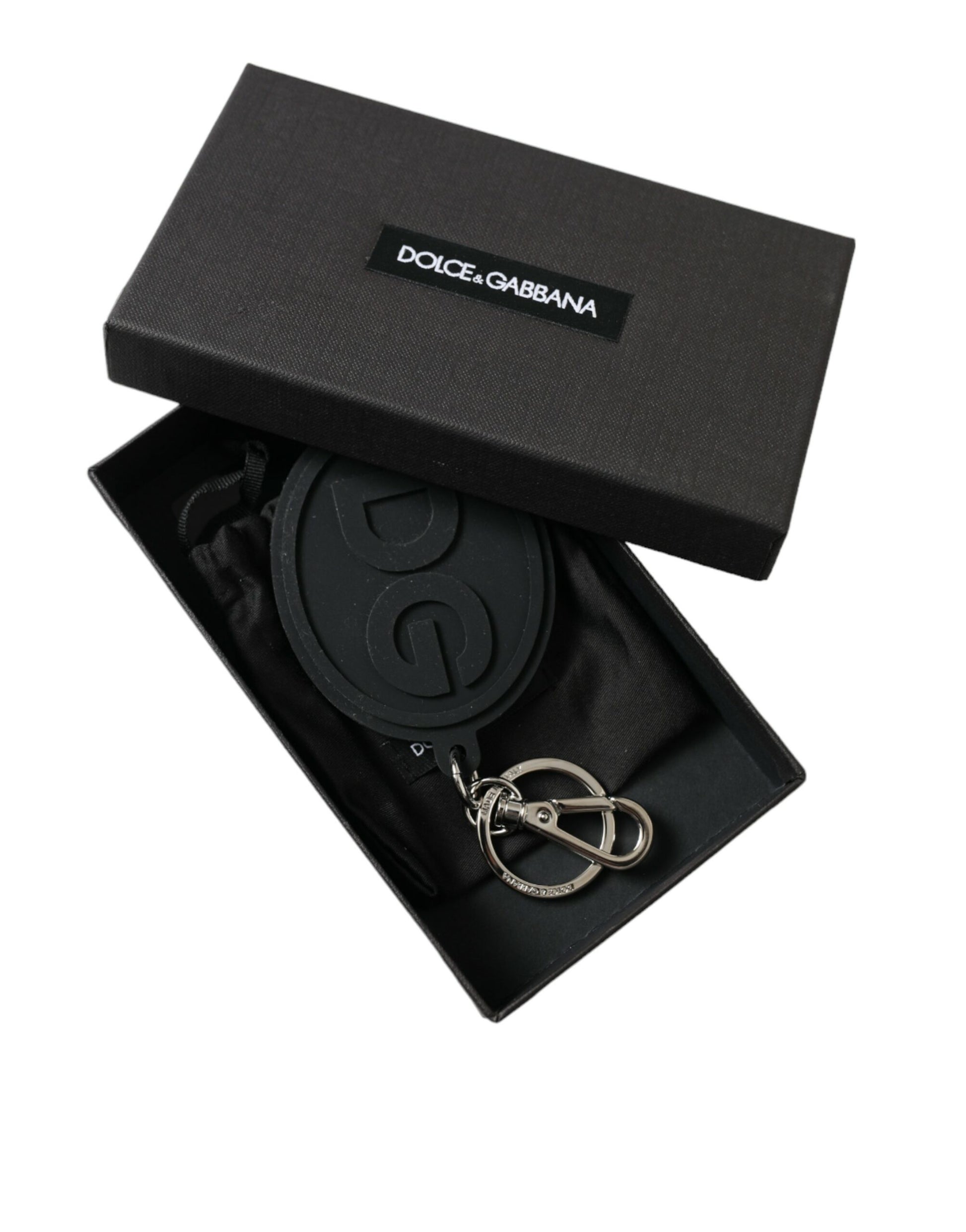 Dolce & Gabbana Black Rubber DG Logo Silver Brass Metal Keyring Keychain - ClickThatClicks 
