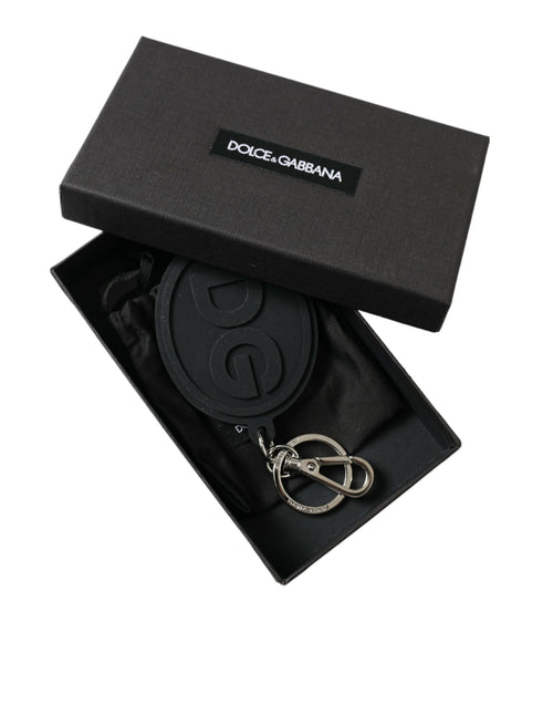 Dolce & Gabbana Black Rubber DG Logo Silver Brass Metal Keyring Keychain - ClickThatClicks 