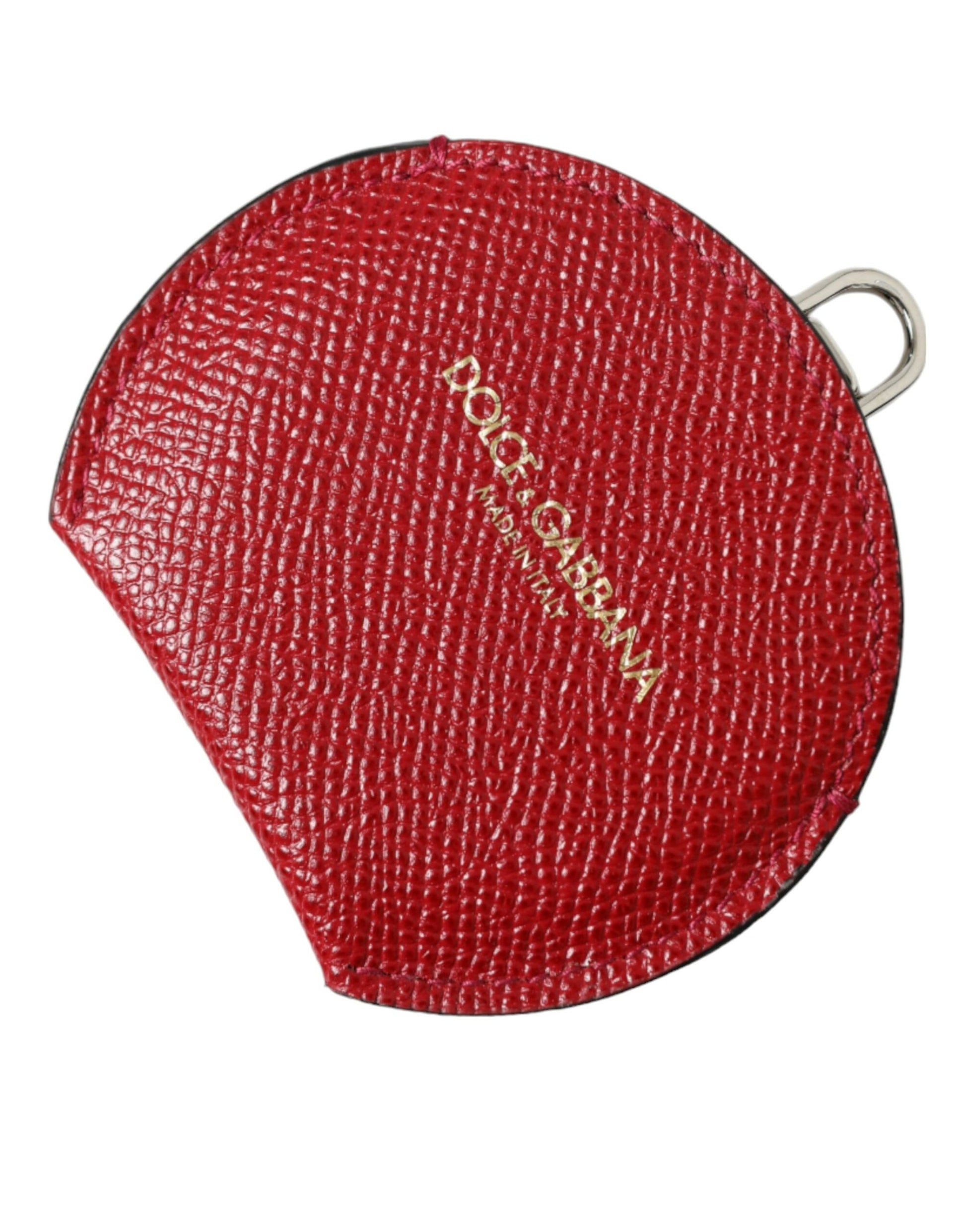 Dolce & Gabbana Red Calfskin Leather Round Logo Hand Mirror Holder - ClickThatClicks 