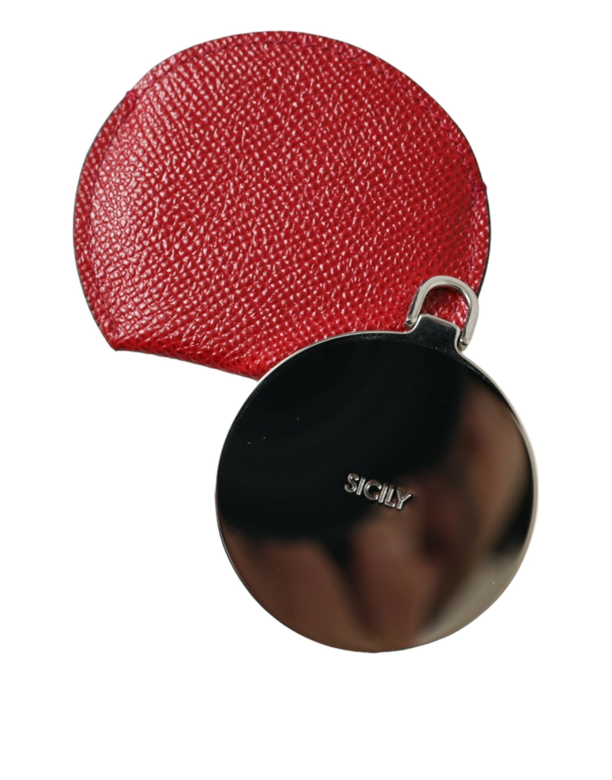 Dolce & Gabbana Red Calfskin Leather Round Logo Hand Mirror Holder - ClickThatClicks 