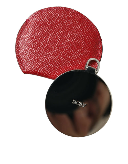 Dolce & Gabbana Red Calfskin Leather Round Logo Hand Mirror Holder - ClickThatClicks 