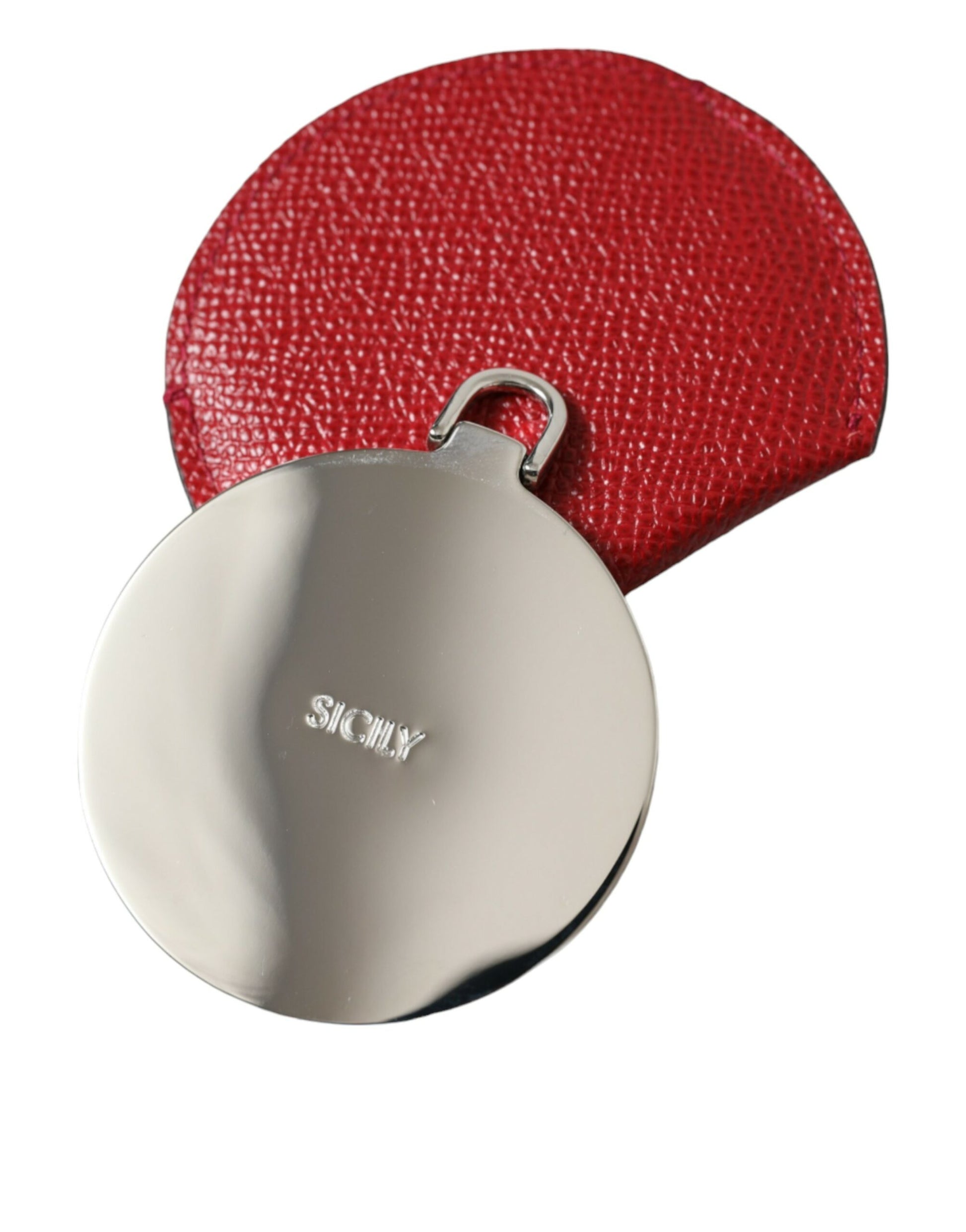 Dolce & Gabbana Red Calfskin Leather Round Logo Hand Mirror Holder - ClickThatClicks 
