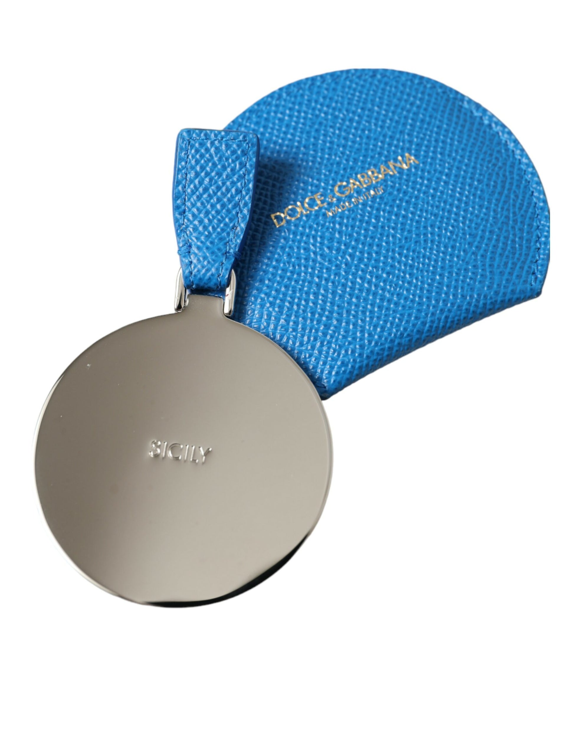 Dolce & Gabbana Blue Calfskin Leather Round Logo Hand Mirror Holder - ClickThatClicks 