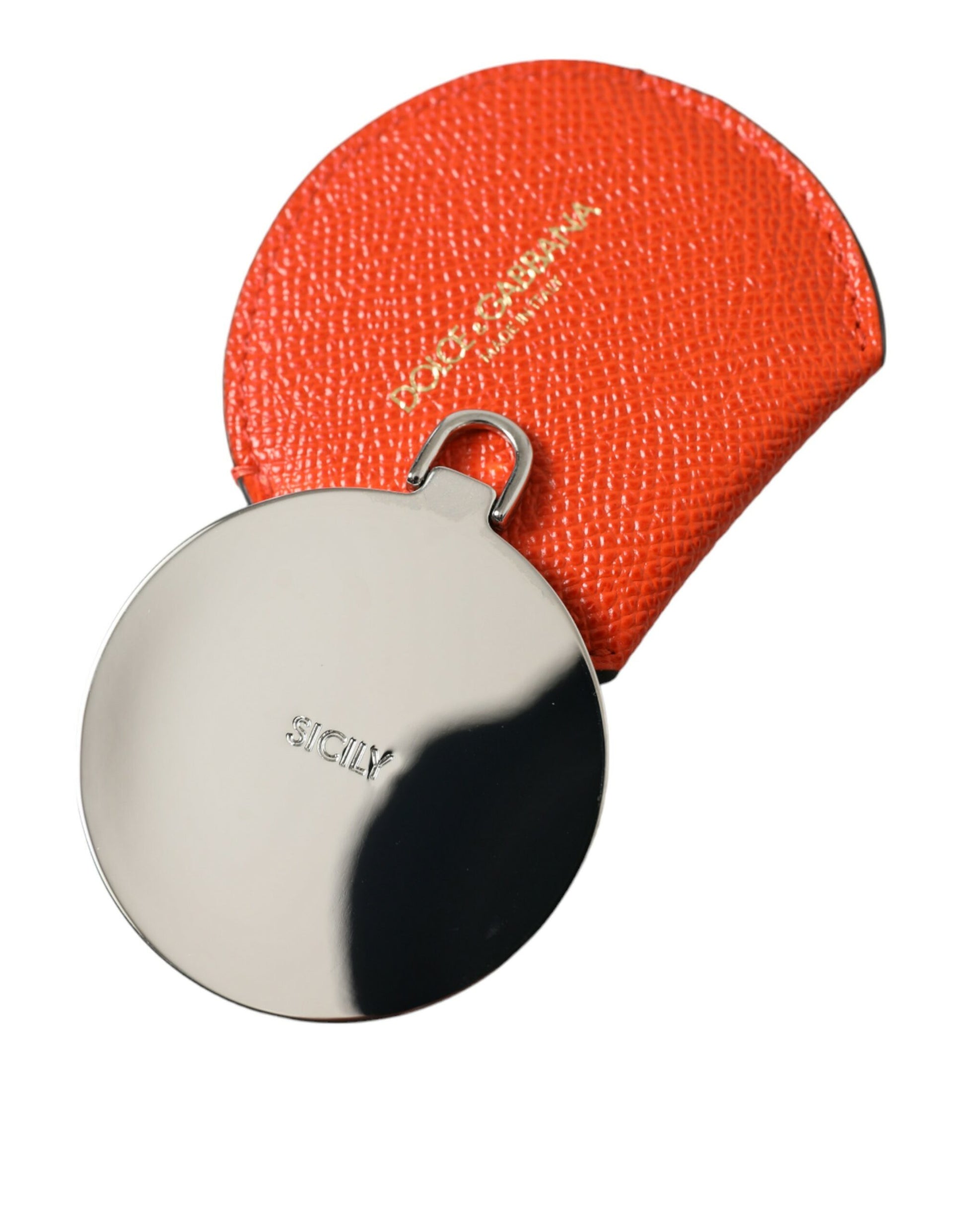 Dolce & Gabbana Orange Calfskin Leather Round Logo Hand Mirror Holder - ClickThatClicks 