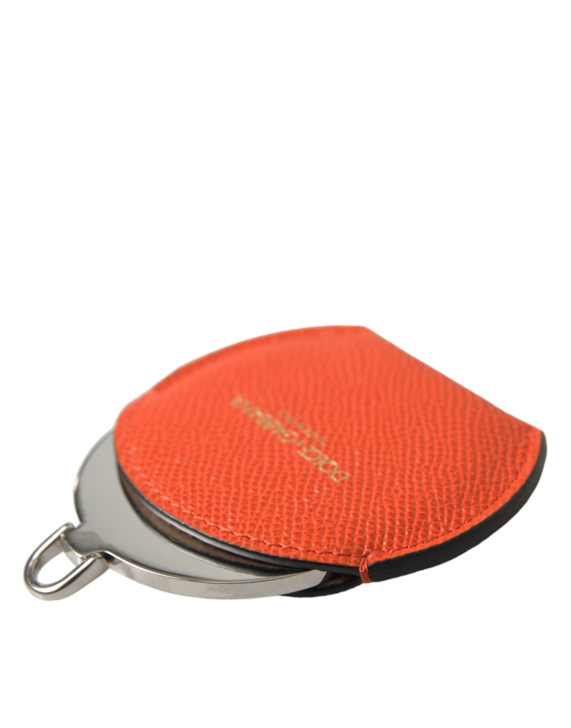 Dolce & Gabbana Orange Calfskin Leather Round Logo Hand Mirror Holder - ClickThatClicks 