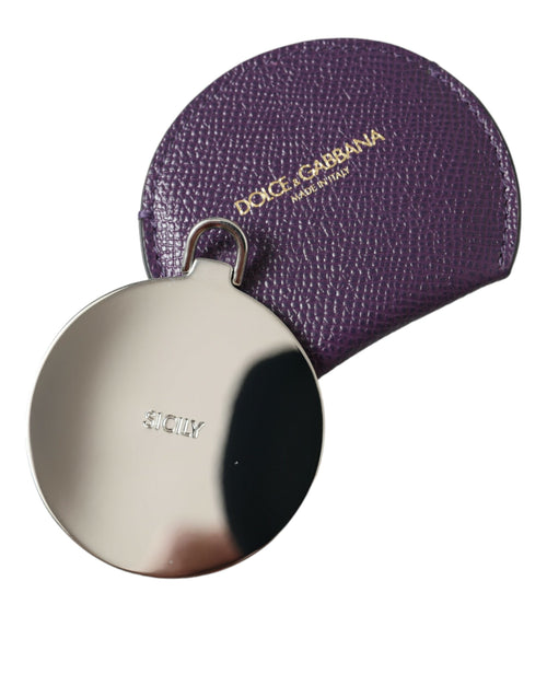 Dolce & Gabbana Purple Calfskin Leather Round Logo Hand Mirror Holder - ClickThatClicks 