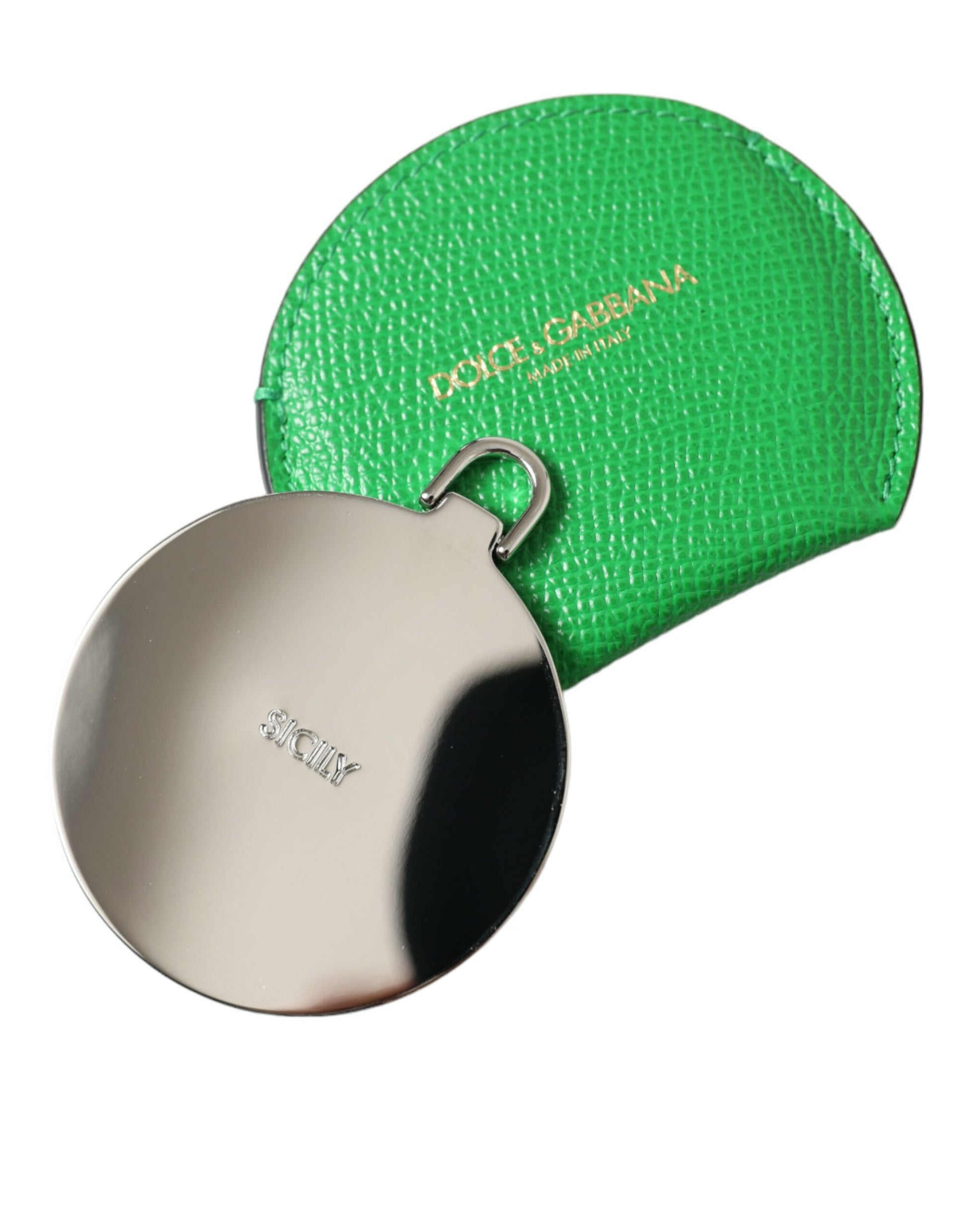 Dolce & Gabbana Green Calfskin Leather Round Logo Hand Mirror Holder - ClickThatClicks 