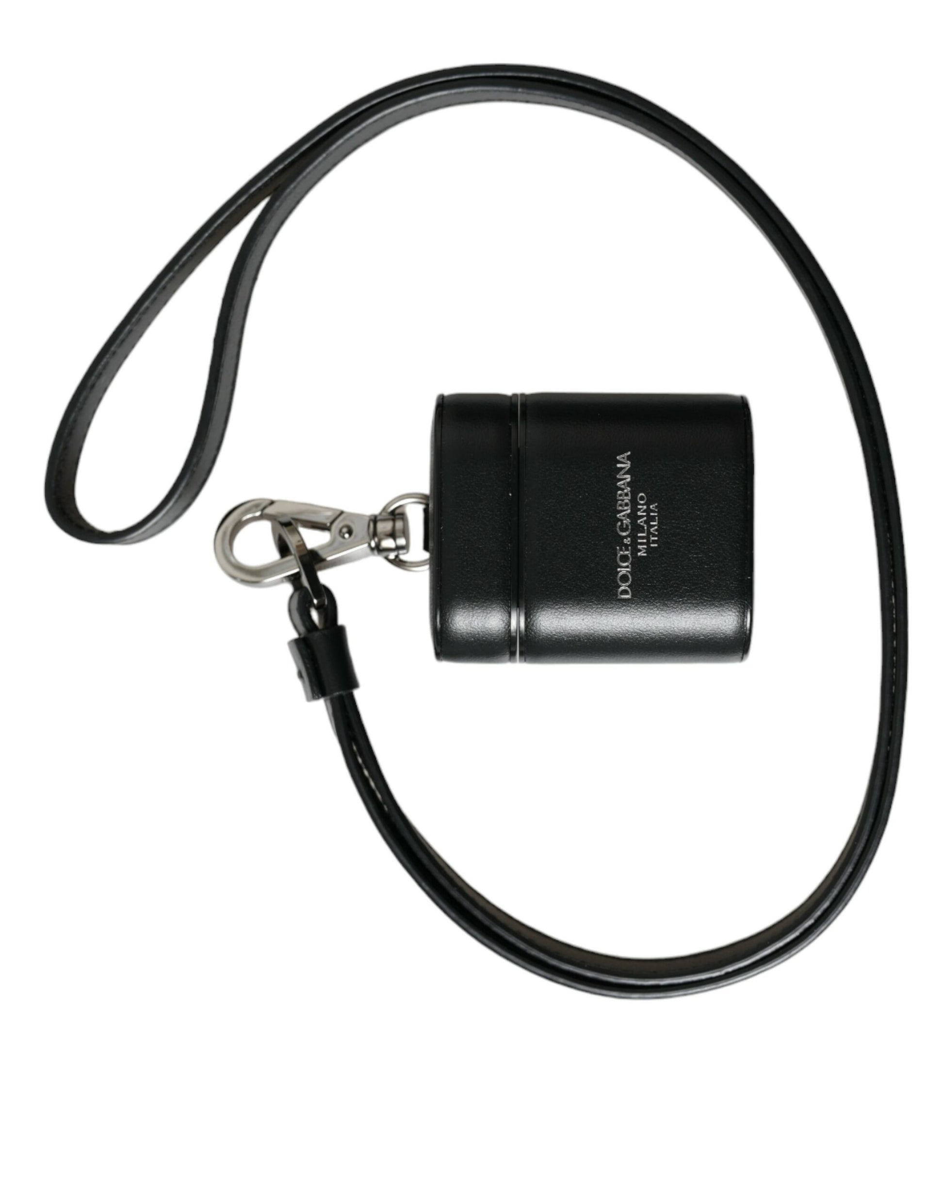 Dolce & Gabbana Black Leather Strap Silver Metal Logo Printed Airpods Case - ClickThatClicks 