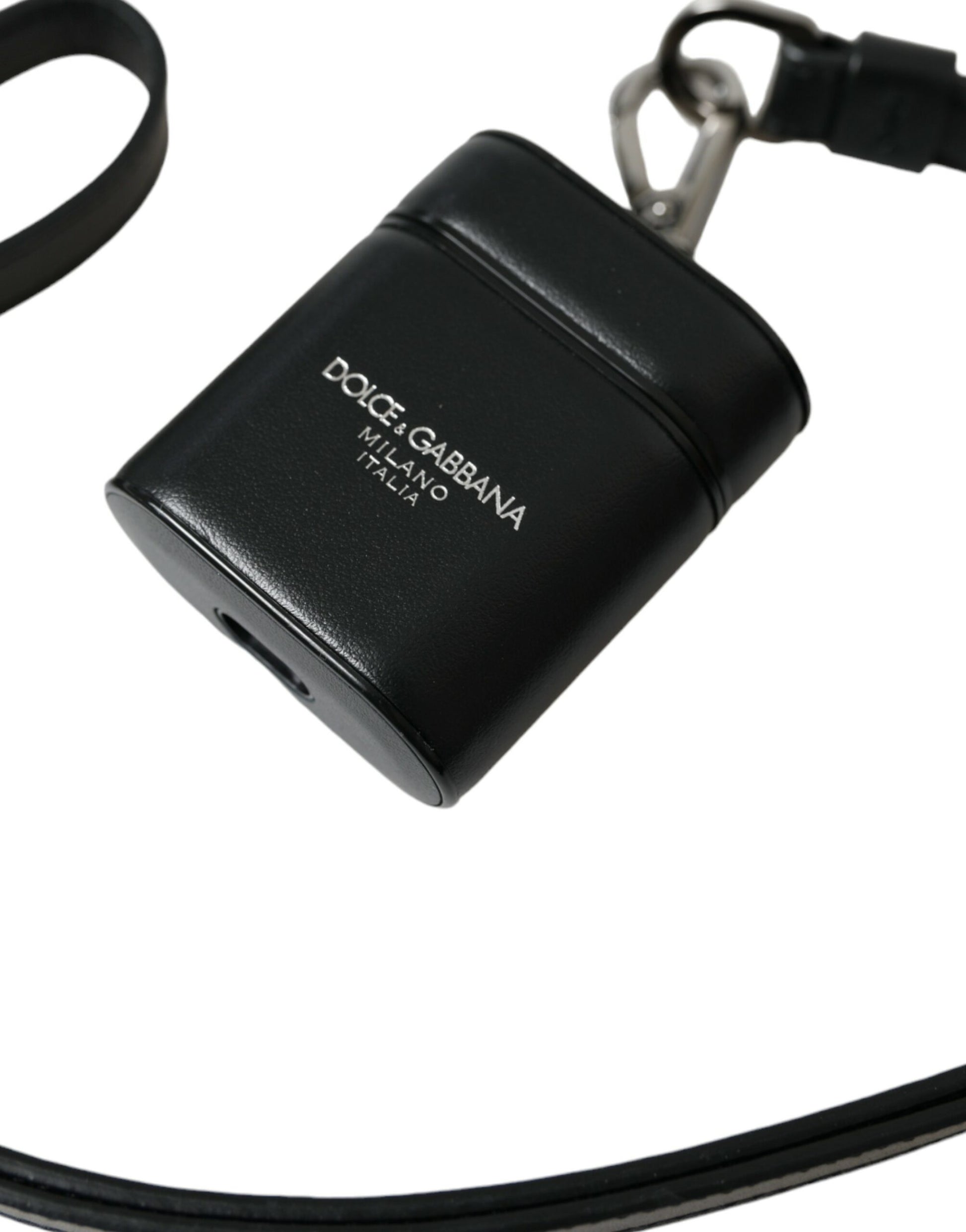 Dolce & Gabbana Black Leather Strap Silver Metal Logo Printed Airpods Case - ClickThatClicks 