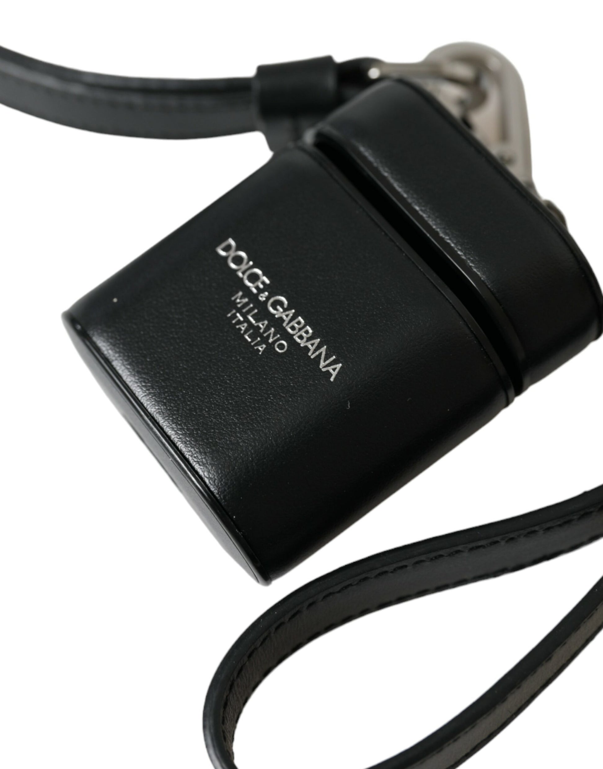 Dolce & Gabbana Black Leather Strap Silver Metal Logo Printed Airpods Case - ClickThatClicks 