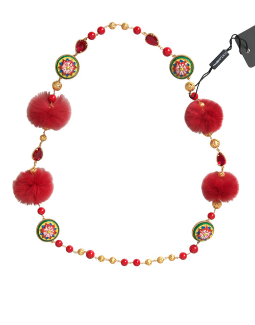 Dolce & Gabbana Gold Brass Red Fur Crystal Carretto Chain Necklace - ClickThatClicks 