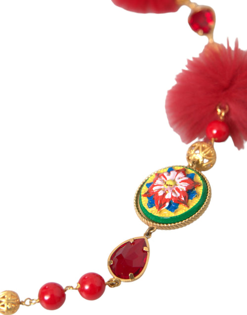 Dolce & Gabbana Gold Brass Red Fur Crystal Carretto Chain Necklace - ClickThatClicks 