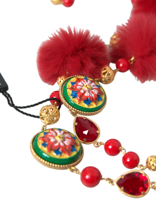 Dolce & Gabbana Gold Brass Red Fur Crystal Carretto Chain Necklace - ClickThatClicks 