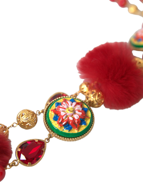 Dolce & Gabbana Gold Brass Red Fur Crystal Carretto Chain Necklace - ClickThatClicks 