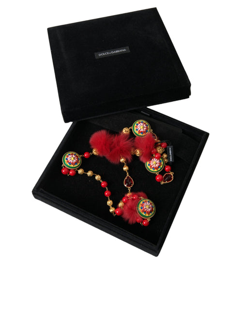 Dolce & Gabbana Gold Brass Red Fur Crystal Carretto Chain Necklace - ClickThatClicks 