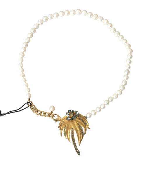 Dolce & Gabbana Gold Brass Crystal Pearl Tree Pendant Charm Necklace - ClickThatClicks 