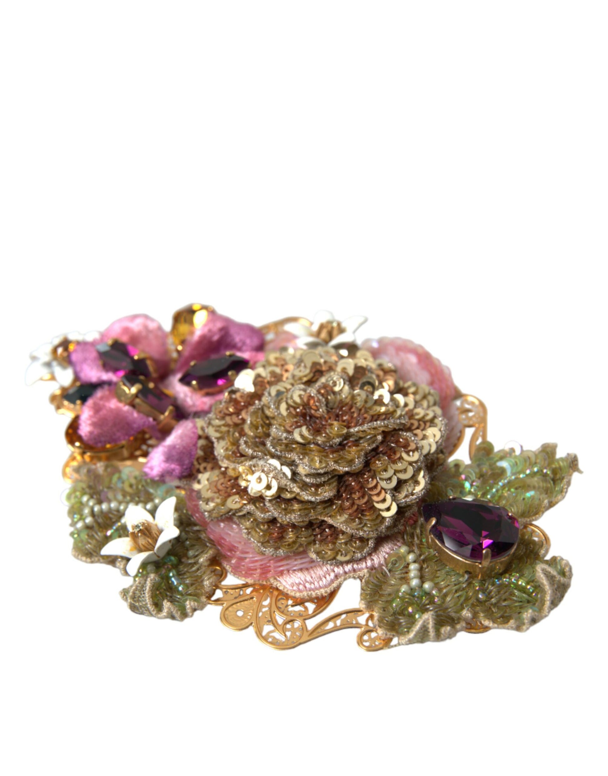 Dolce & Gabbana Gold Brass Floral Crystal Sequined Hair Clip - ClickThatClicks 