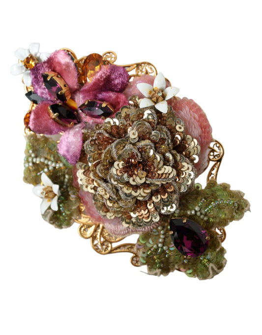 Dolce & Gabbana Gold Brass Floral Crystal Sequined Hair Clip - ClickThatClicks 