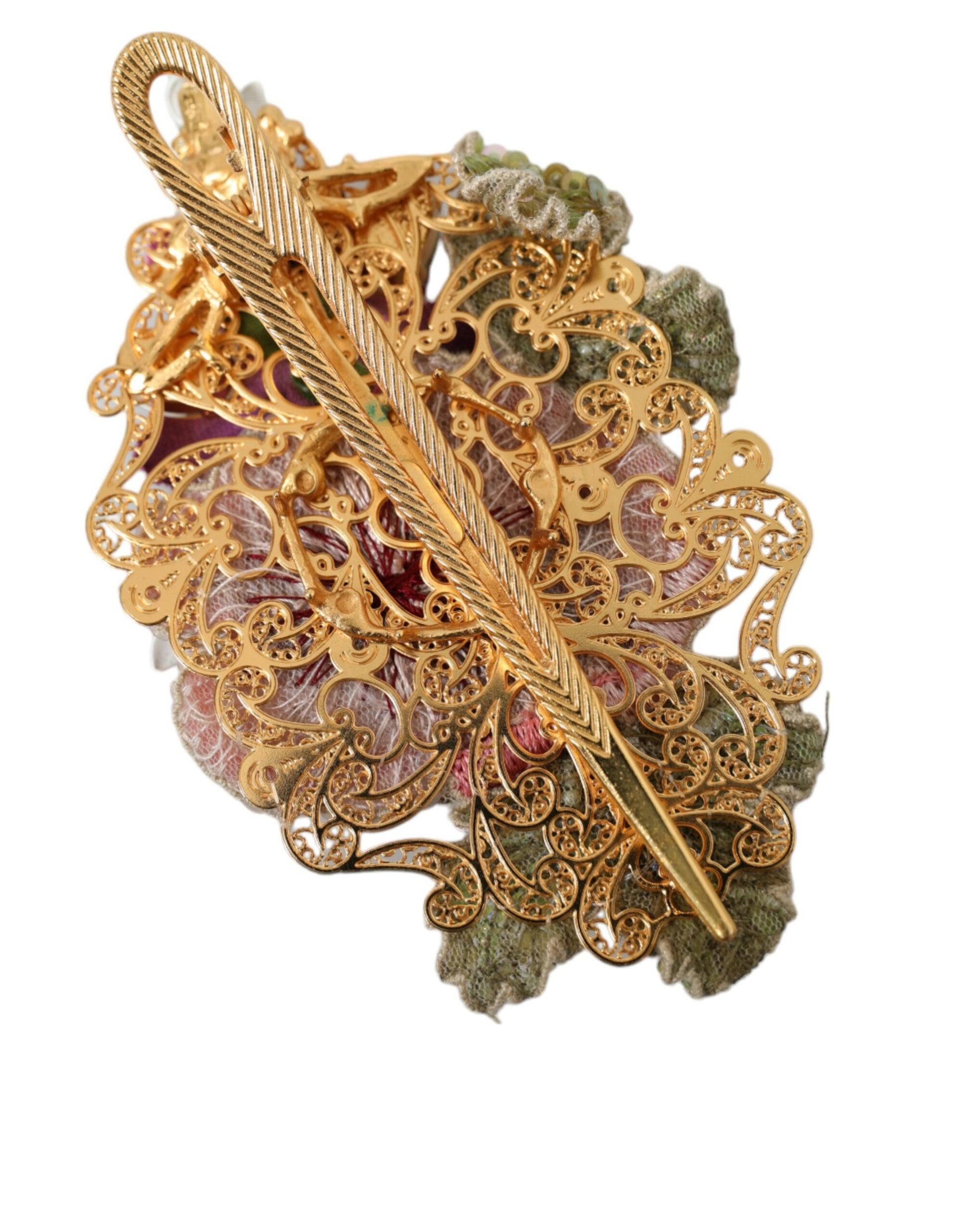 Dolce & Gabbana Gold Brass Floral Crystal Sequined Hair Clip - ClickThatClicks 