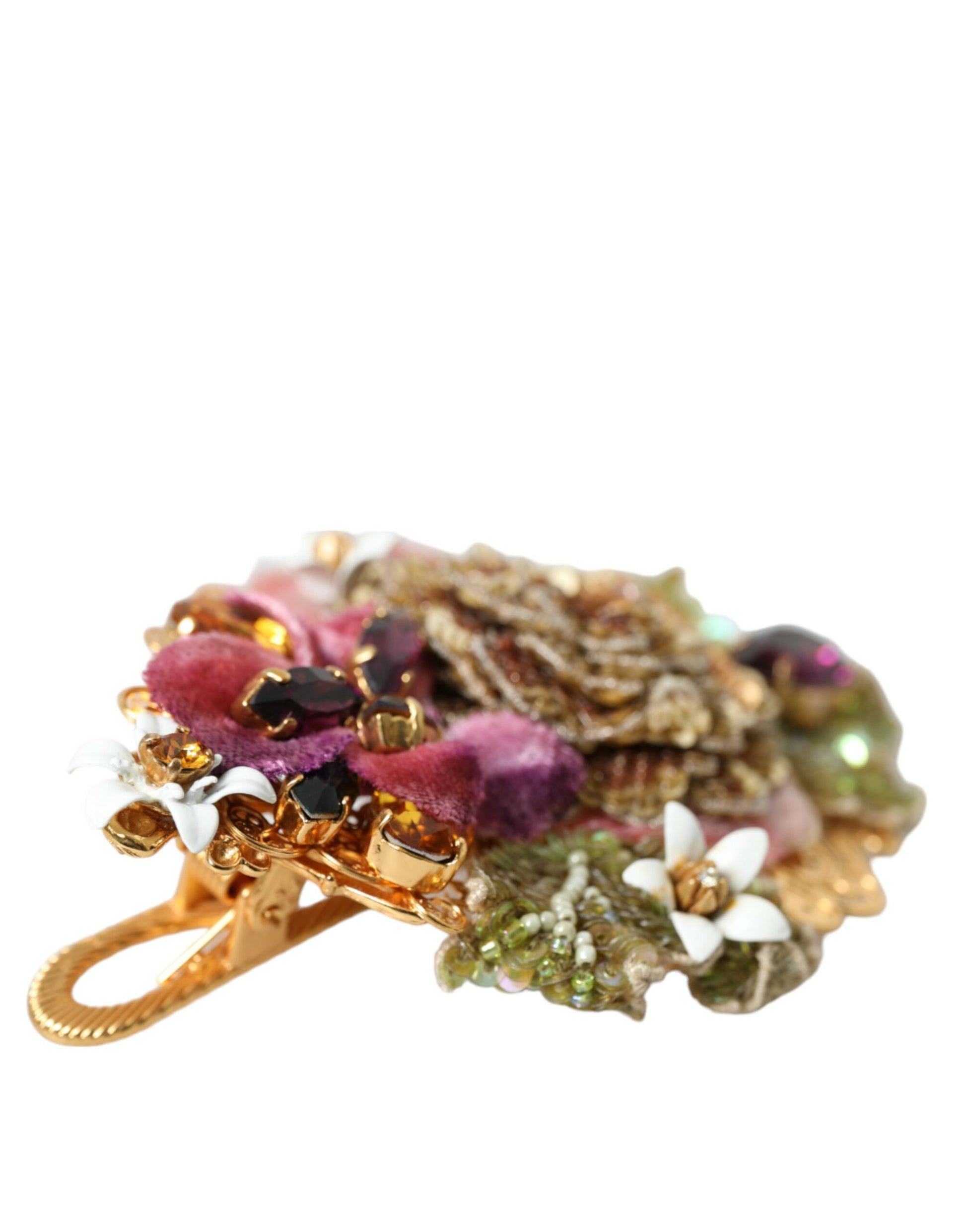 Dolce & Gabbana Gold Brass Floral Crystal Sequined Hair Clip - ClickThatClicks 