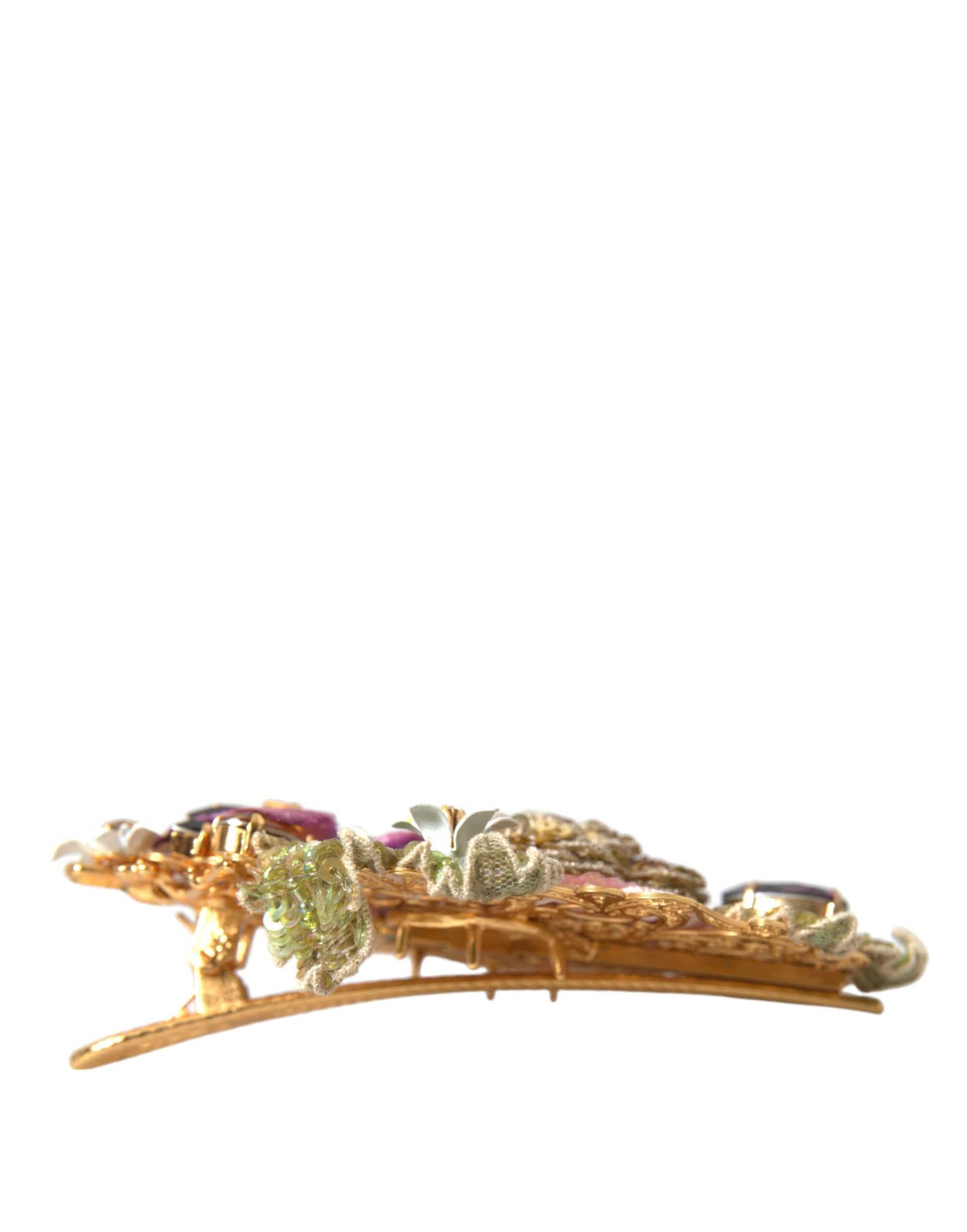 Dolce & Gabbana Gold Brass Floral Crystal Sequined Hair Clip - ClickThatClicks 