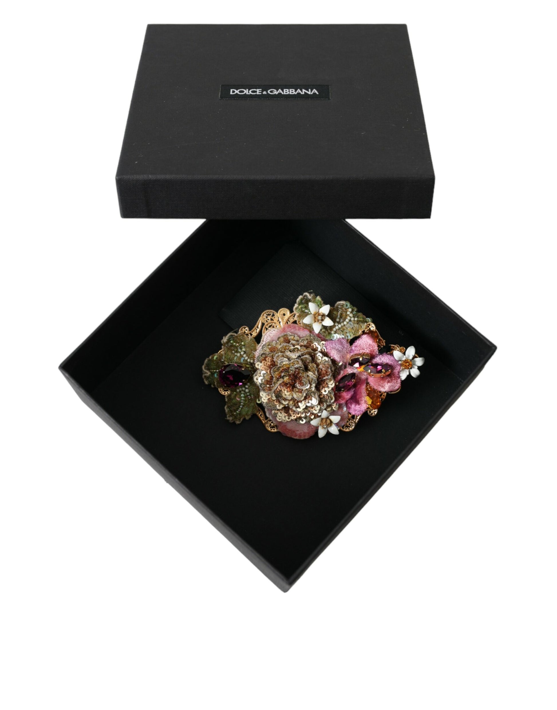 Dolce & Gabbana Gold Brass Floral Crystal Sequined Hair Clip - ClickThatClicks 