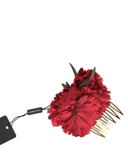 Dolce & Gabbana Red Silk Floral Gold Brass Women Hair Comb - ClickThatClicks 