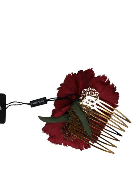 Dolce & Gabbana Red Silk Floral Gold Brass Women Hair Comb - ClickThatClicks 
