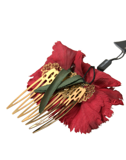 Dolce & Gabbana Red Silk Floral Gold Brass Women Hair Comb - ClickThatClicks 
