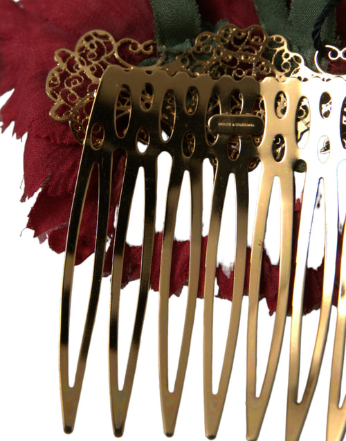 Dolce & Gabbana Red Silk Floral Gold Brass Women Hair Comb - ClickThatClicks 