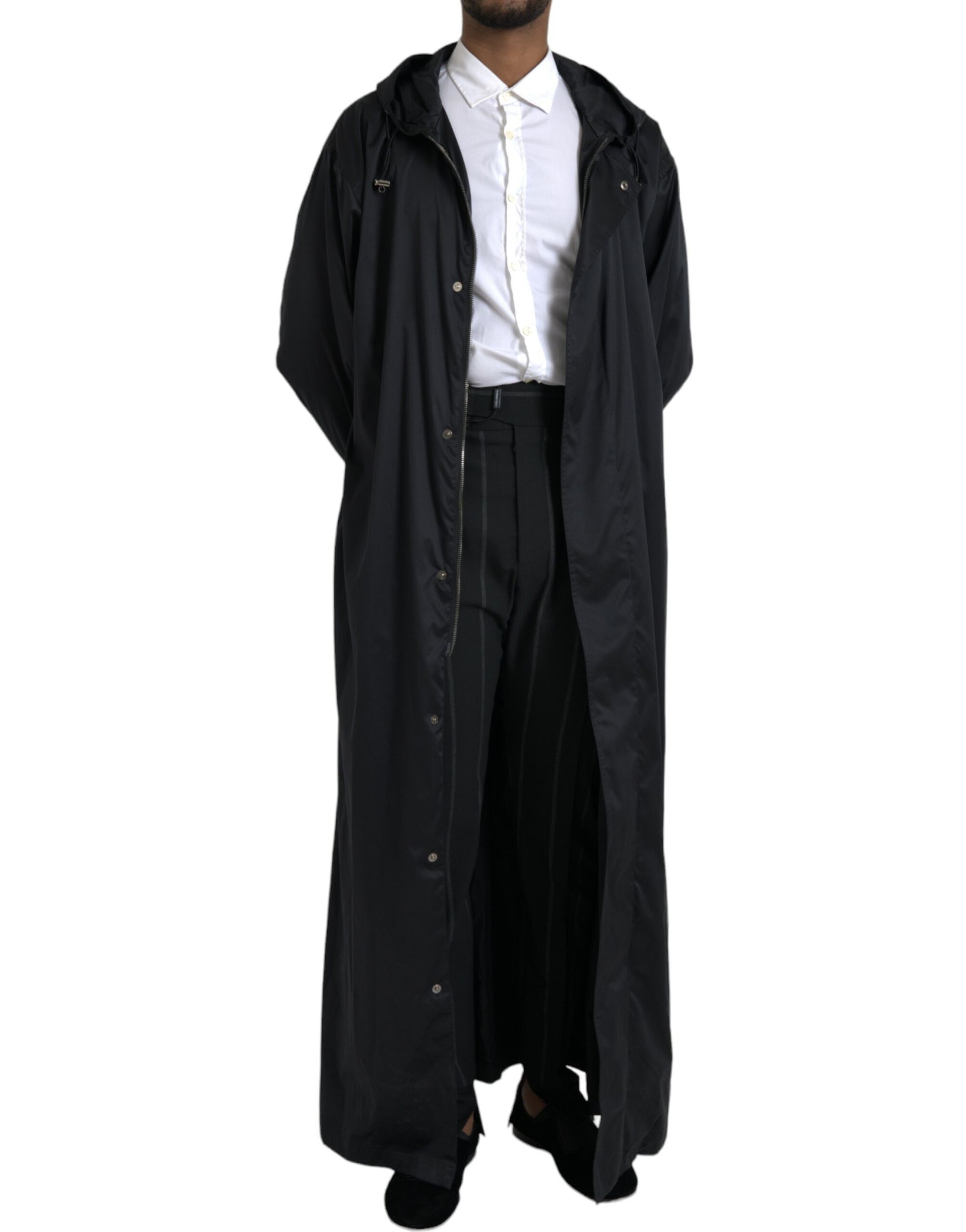 Dolce & Gabbana Black Polyester Hooded Long Windbreaker Jacket - ClickThatClicks 