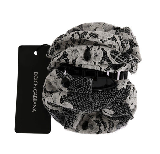 Dolce & Gabbana Black White Floral Lace Crystal Hair Claw - ClickThatClicks 