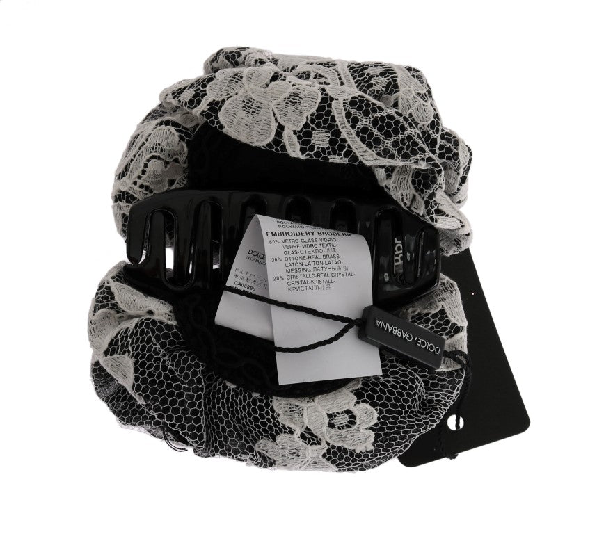 Dolce & Gabbana Black White Floral Lace Crystal Hair Claw - ClickThatClicks 