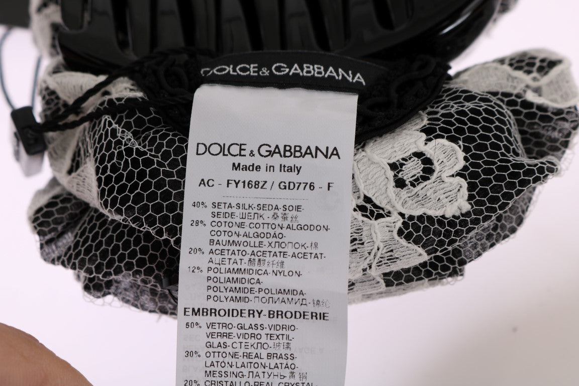 Dolce & Gabbana Black White Floral Lace Crystal Hair Claw - ClickThatClicks 